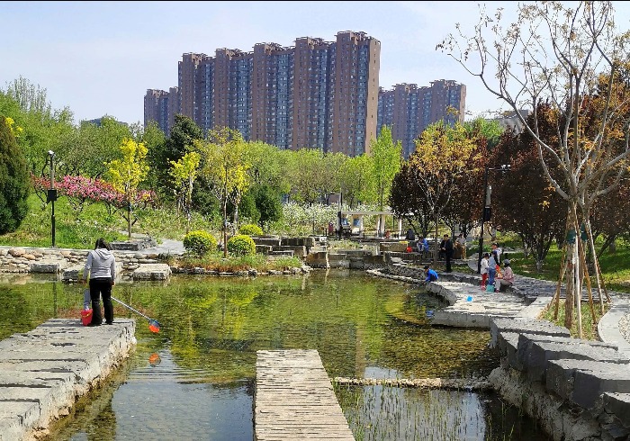 北京庆丰公园，CBD里的河畔春色